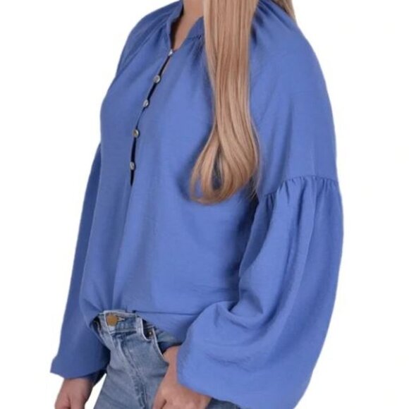 NY Collection Balloon Sleeve Peasant Blue Blouse Plus Size 2X (18/20) - Picture 5 of 15